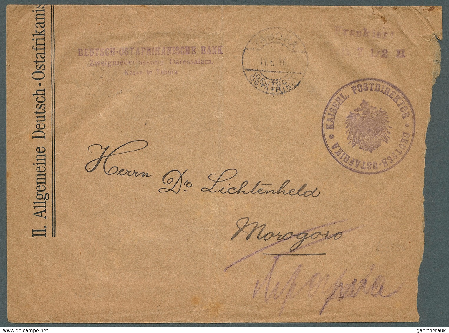 Deutsch-Ostafrika - Ganzsachen: 1916, "Frankiert/mit 7 1/2 H" Violetter L2 Mit Dienstsiegel Und Tage - German East Africa