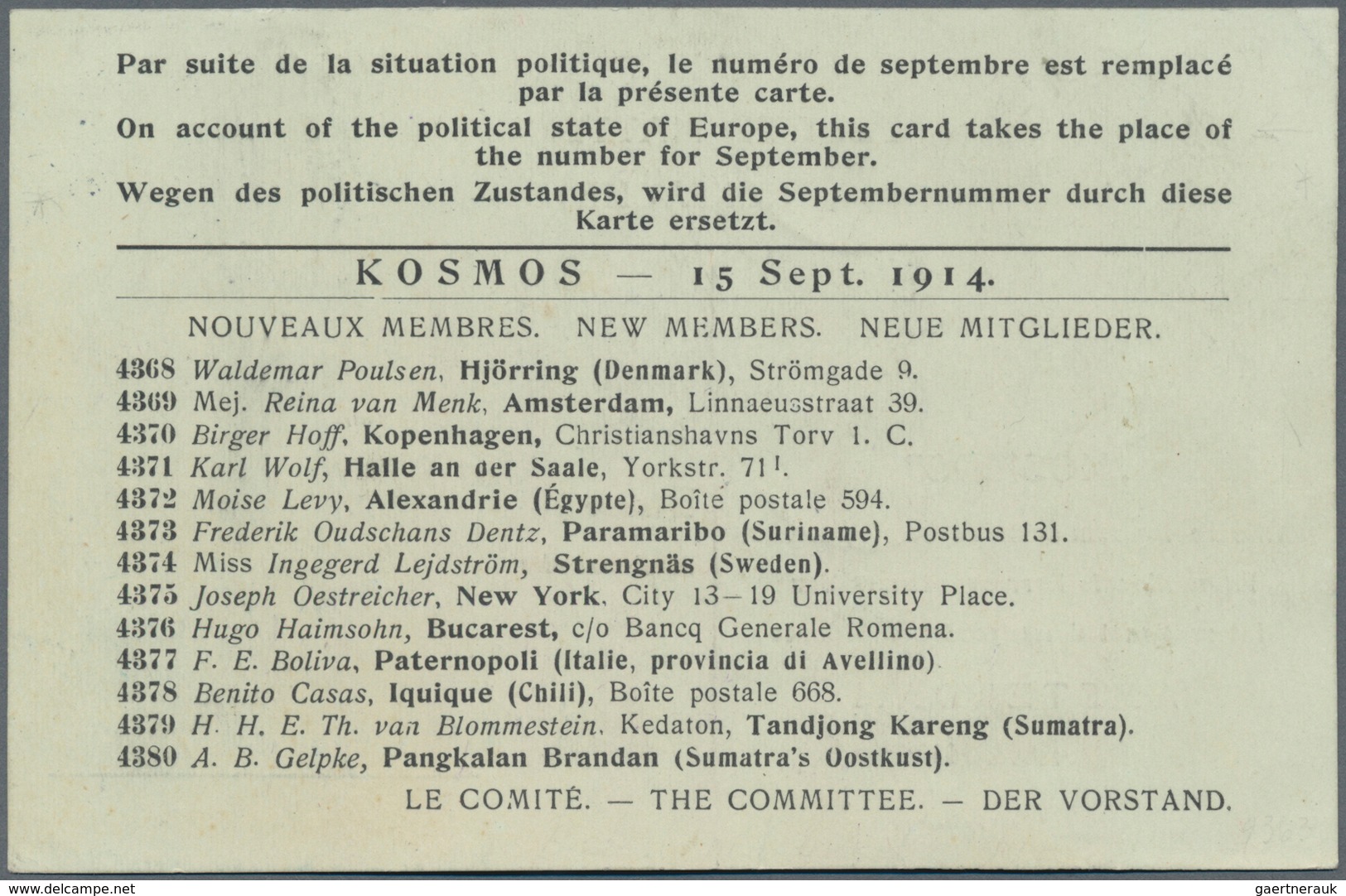 Deutsch-Ostafrika - Besonderheiten: 1914, Registered Card "KOSMOS International Correspondence Allia - Deutsch-Ostafrika