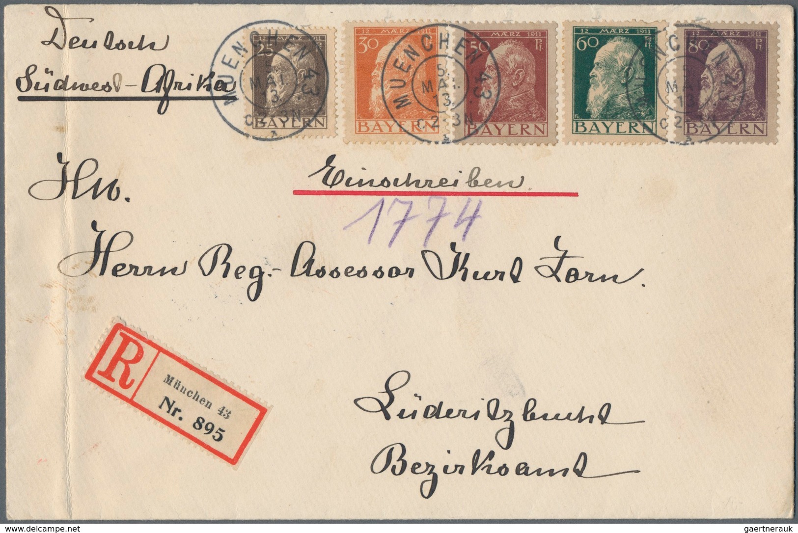 Deutsch-Südwestafrika: 1913, R-Brief Ab MÜNCHEN 43 Mit Fünf Werten Luitpold An Das Bezirksamt Lüderi - German South West Africa