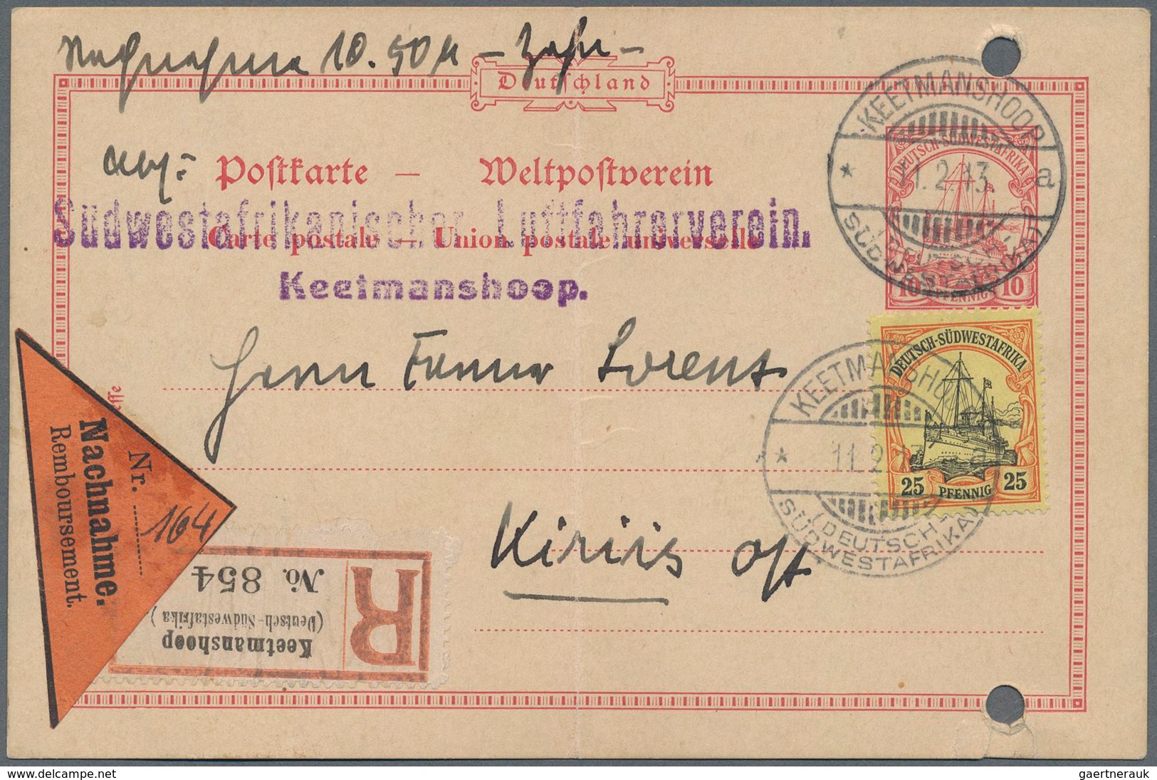 Deutsch-Südwestafrika: 1913, 10 Pf Ganzsache Mit 25 Pf Schiffszeichnung Als R-NN-Karte Für Den Mitgl - German South West Africa