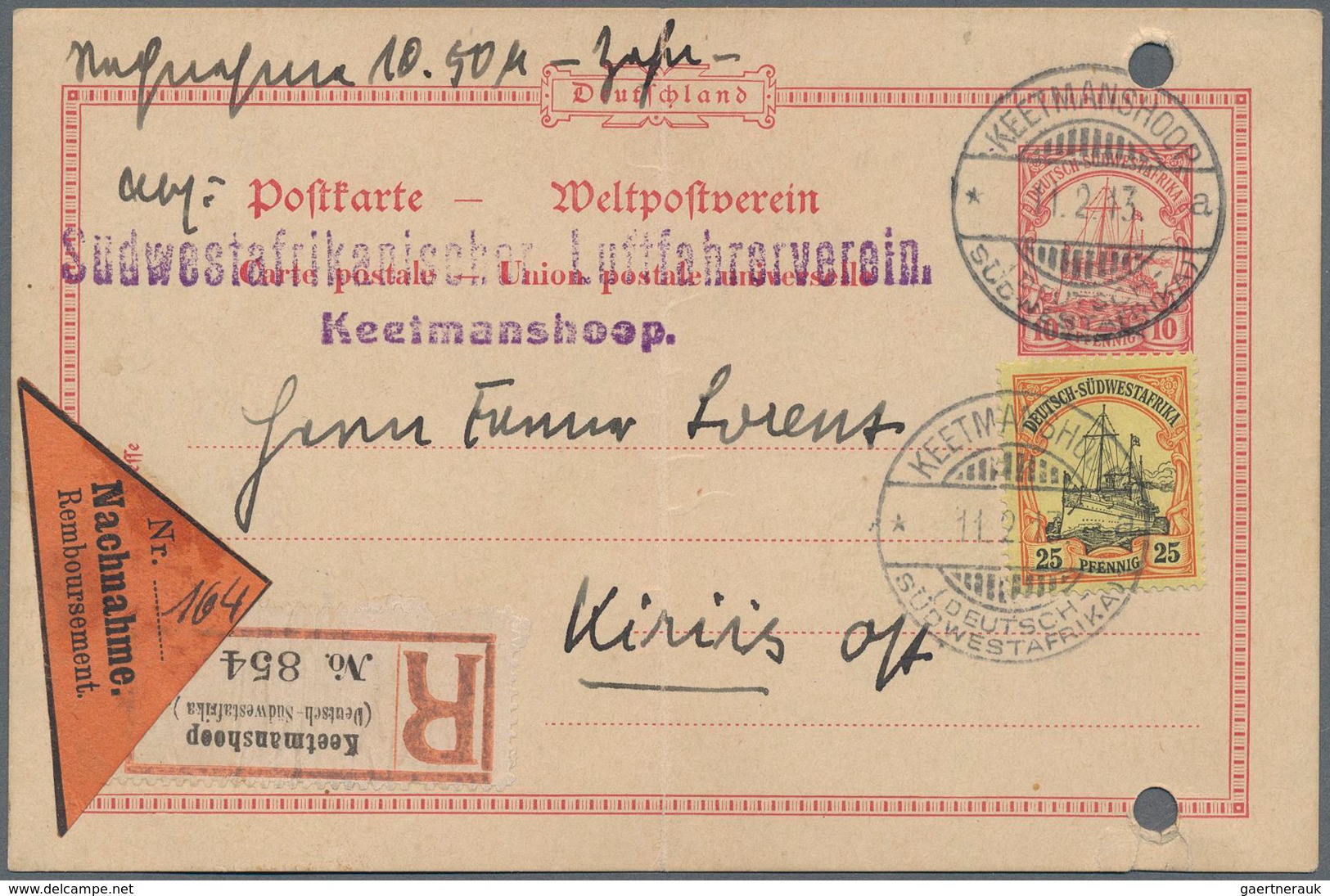 Deutsch-Südwestafrika: 1913, 10 Pf Ganzsache Mit 25 Pf Schiffszeichnung Als R-NN-Karte Für Den Mitgl - Deutsch-Südwestafrika