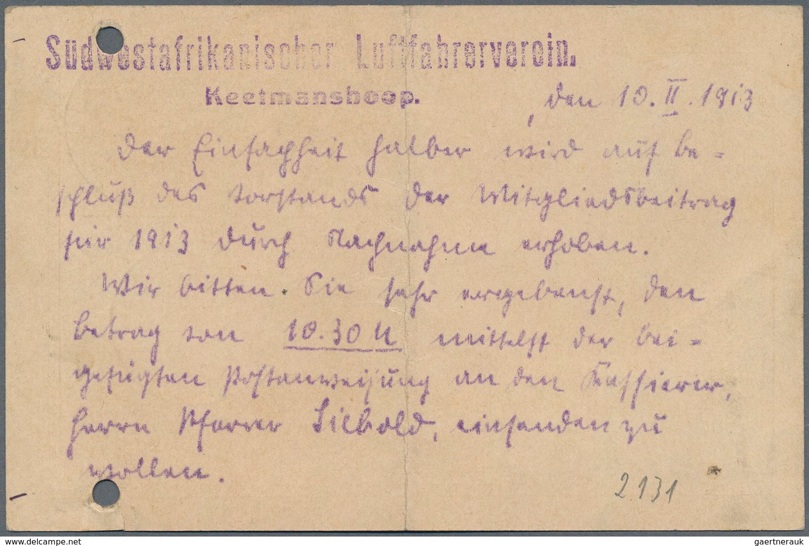 Deutsch-Südwestafrika: 1913, 10 Pf Ganzsache Mit 25 Pf Schiffszeichnung Als R-NN-Karte Für Den Mitgl - German South West Africa