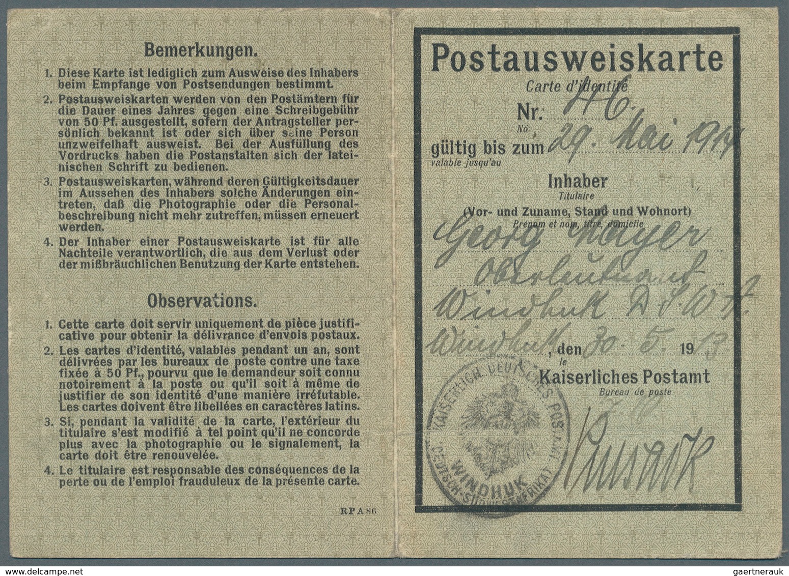 Deutsch-Südwestafrika: 1913, 50 Pfg. Kaiseryacht Als Portogerechte Verwendung Für Die Schreibgebühr - Sud-Ouest Africain Allemand