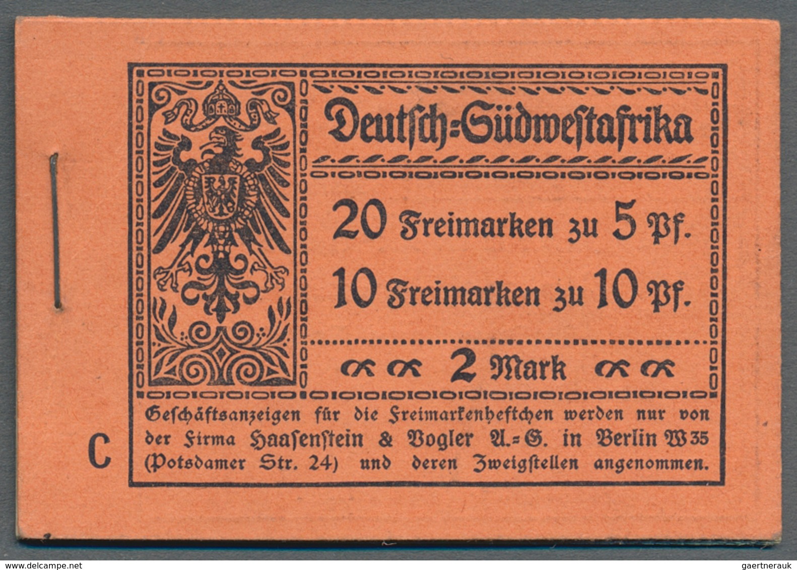 Deutsch-Südwestafrika - Markenheftchen: 1913, 2 M. Markenheftchen Mit Kennbuchstaben "C" Und Nicht D - Deutsch-Südwestafrika