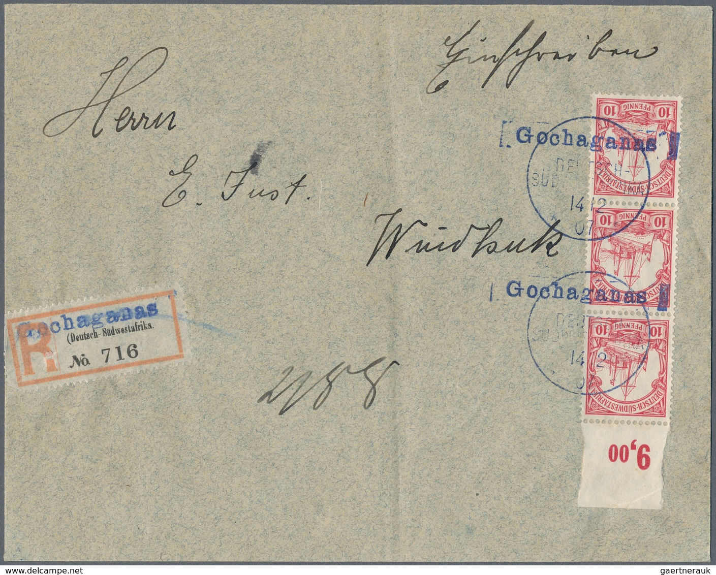 Deutsch-Südwestafrika - Stempel: 1907 (14.12.) Blauer Wanderstempel Mit Blauem Einzeiler "Gochaganas - Sud-Ouest Africain Allemand