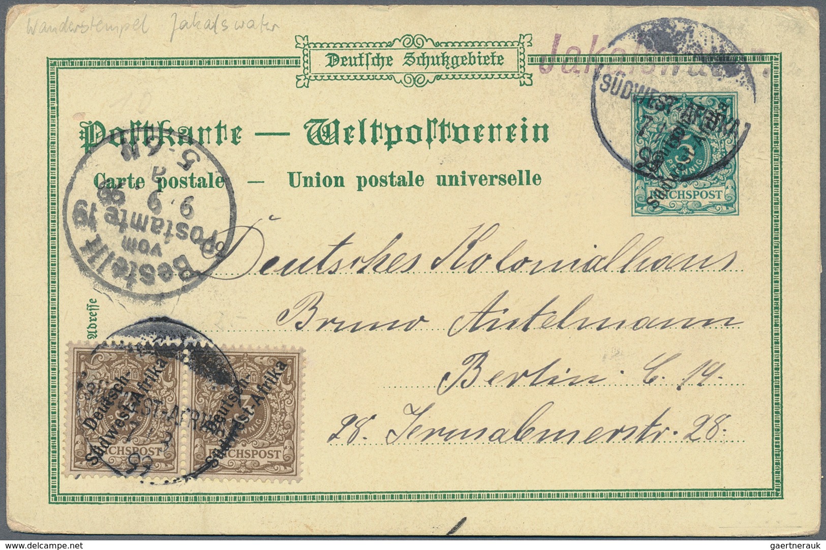 Deutsch-Südwestafrika - Stempel: 1800 (7.8.), Schwarzer Wanderstempel Miot Violettem Einzeiler "Jaka - German South West Africa