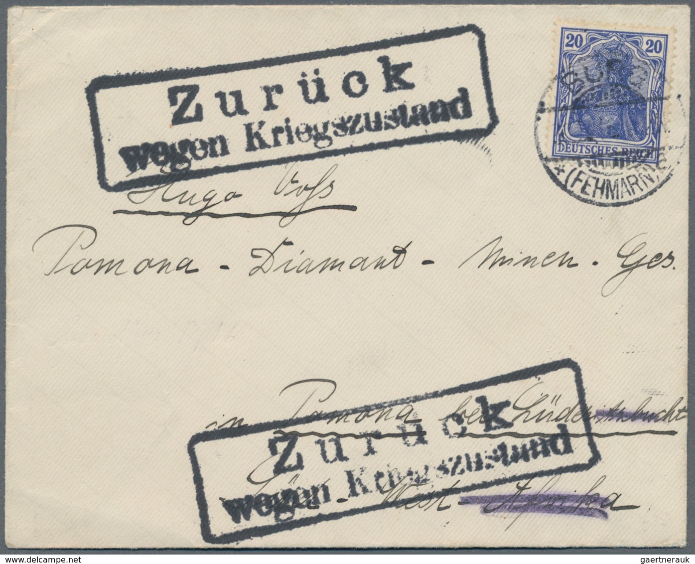 Deutsch-Südwestafrika - Besonderheiten: 1915, Brief 20 Pfg. Germania Ab "BURG (FEHMARN)" (Datum Unle - Deutsch-Südwestafrika