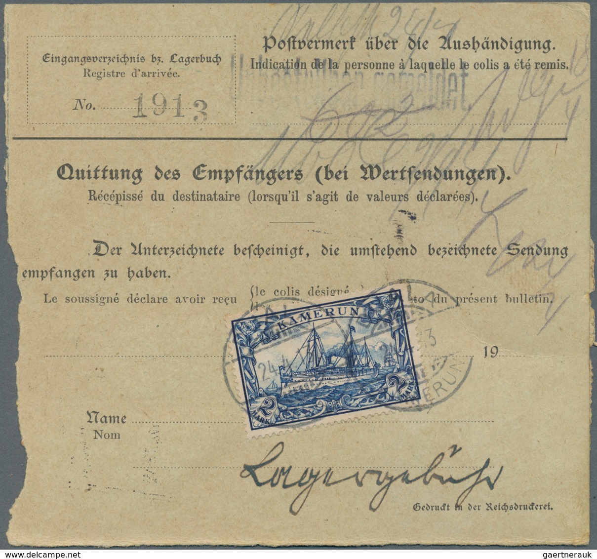 Deutsche Kolonien - Kamerun: 1913, 2 Mk. Rs. Mit Stempel DUALA 24.4.13 Auf Nachnahmepaketkarte Aus B - Kamerun