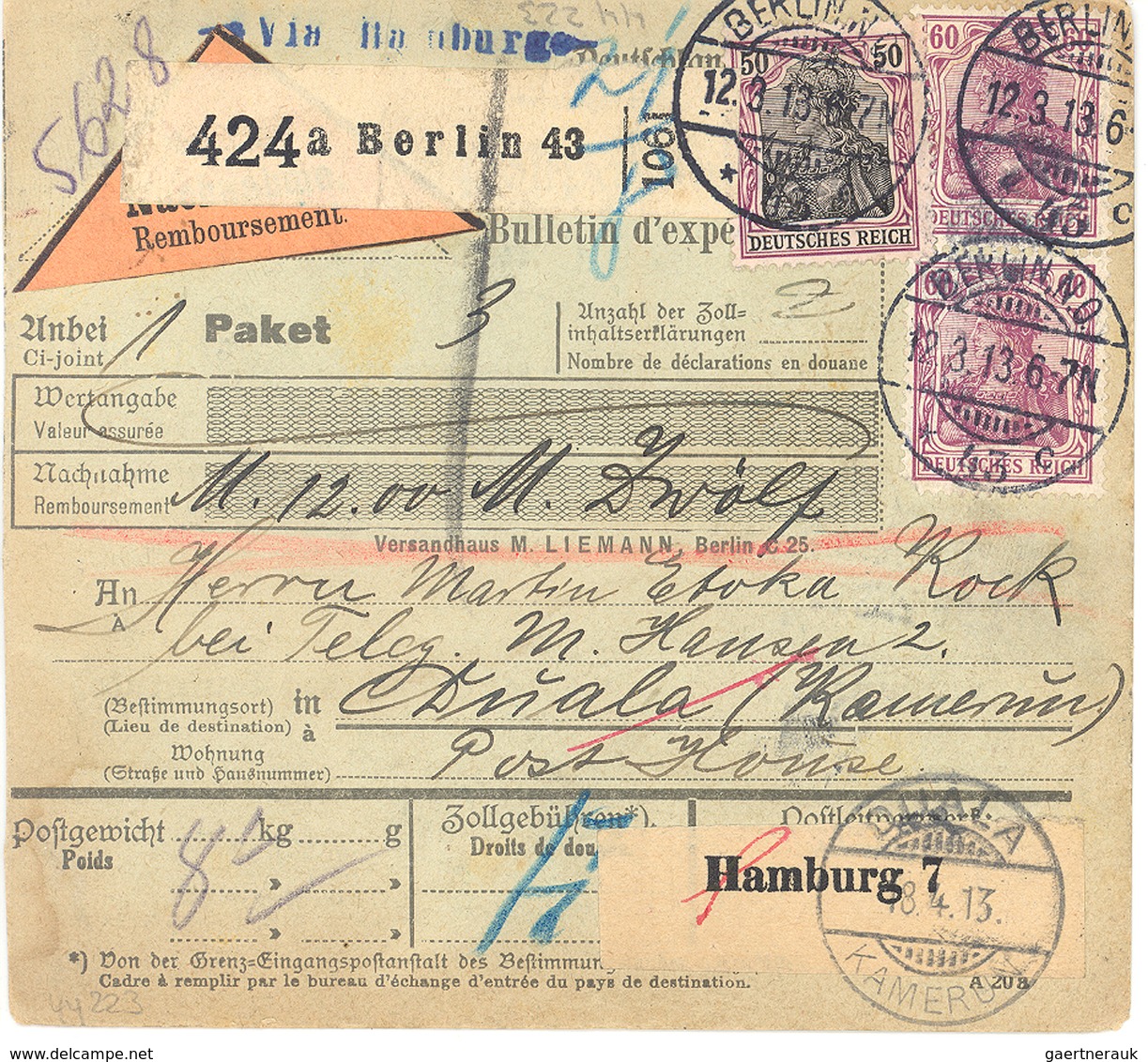 Deutsche Kolonien - Kamerun: 12.3.1913, Paketkarte V. Berlin N. DUALA Mit Germania MiF A. Nachnahme- - Cameroun