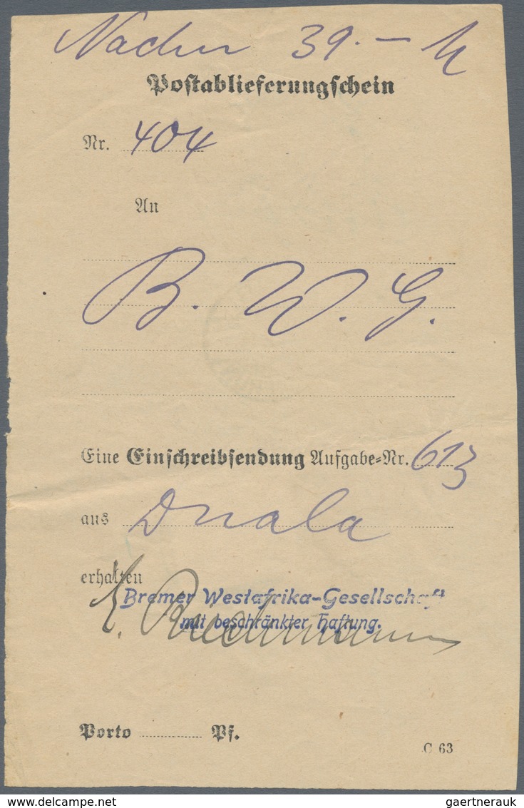 Deutsche Kolonien - Kamerun: 1914, 10 Pfg. Kaiseryacht Rückseitig Auf Postablieferungsschein Für Ein - Kamerun