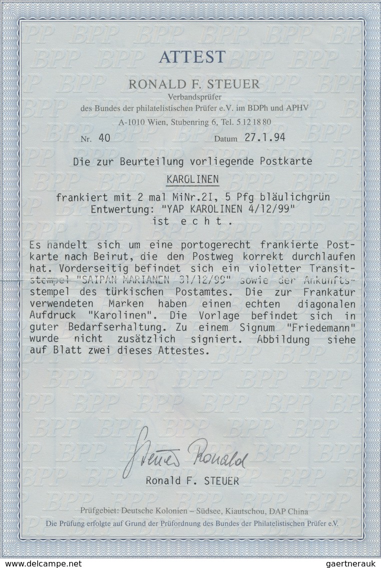 Deutsche Kolonien - Karolinen: 1899, 5 Pfg. Mit Diagonalem Aufdruck, Zwei Einzelwerte Mit Etwas Unde - Caroline Islands