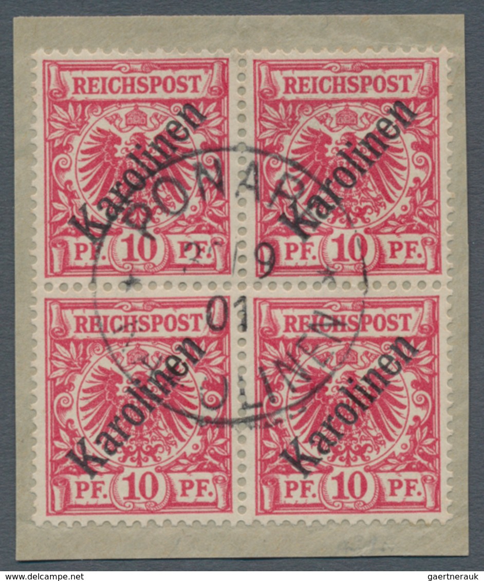 Deutsche Kolonien - Karolinen: 1899, 10 Pfg. Mit Diagonalem Aufdruck Im Viererblock Mit Stempel "PON - Caroline Islands