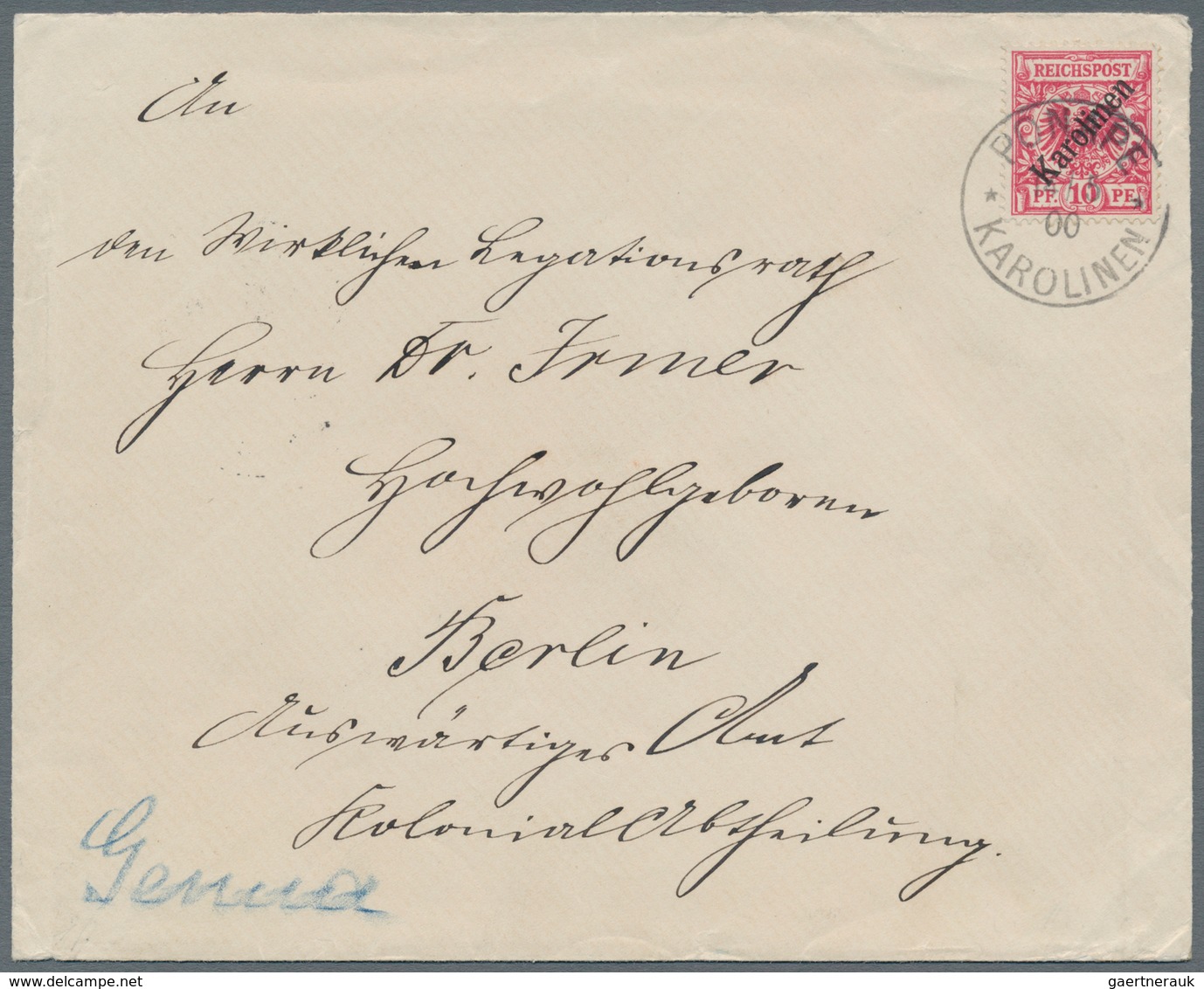 Deutsche Kolonien - Karolinen: 1899, 10 Pfg. Mit Diagonalem Aufdruck Mit Klarem Stempel "PONAPE KARO - Caroline Islands