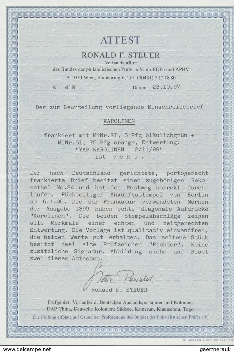 Deutsche Kolonien - Karolinen: 1899, 25 Pfg. Und 5 Pfg. Je Mit Diagonalem Aufdruck Als Portogerechte - Caroline Islands