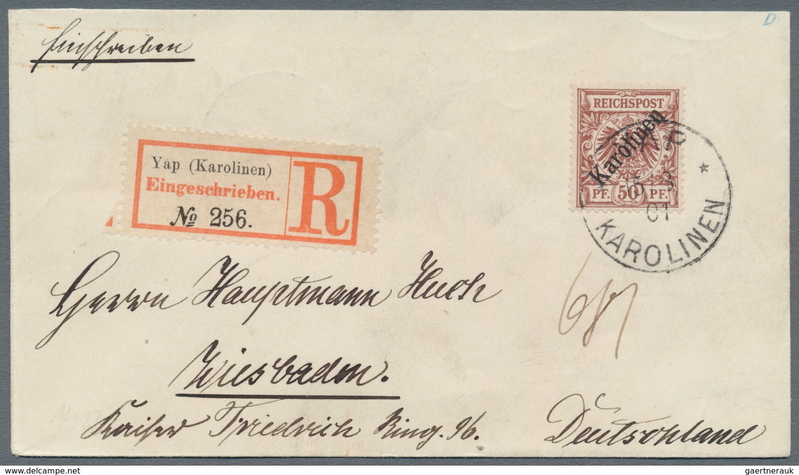 Deutsche Kolonien - Karolinen: 1899, 50 Pfg. Mit Diagonalem Aufdruck Auf überfrankiertem R-Brief Aus - Caroline Islands