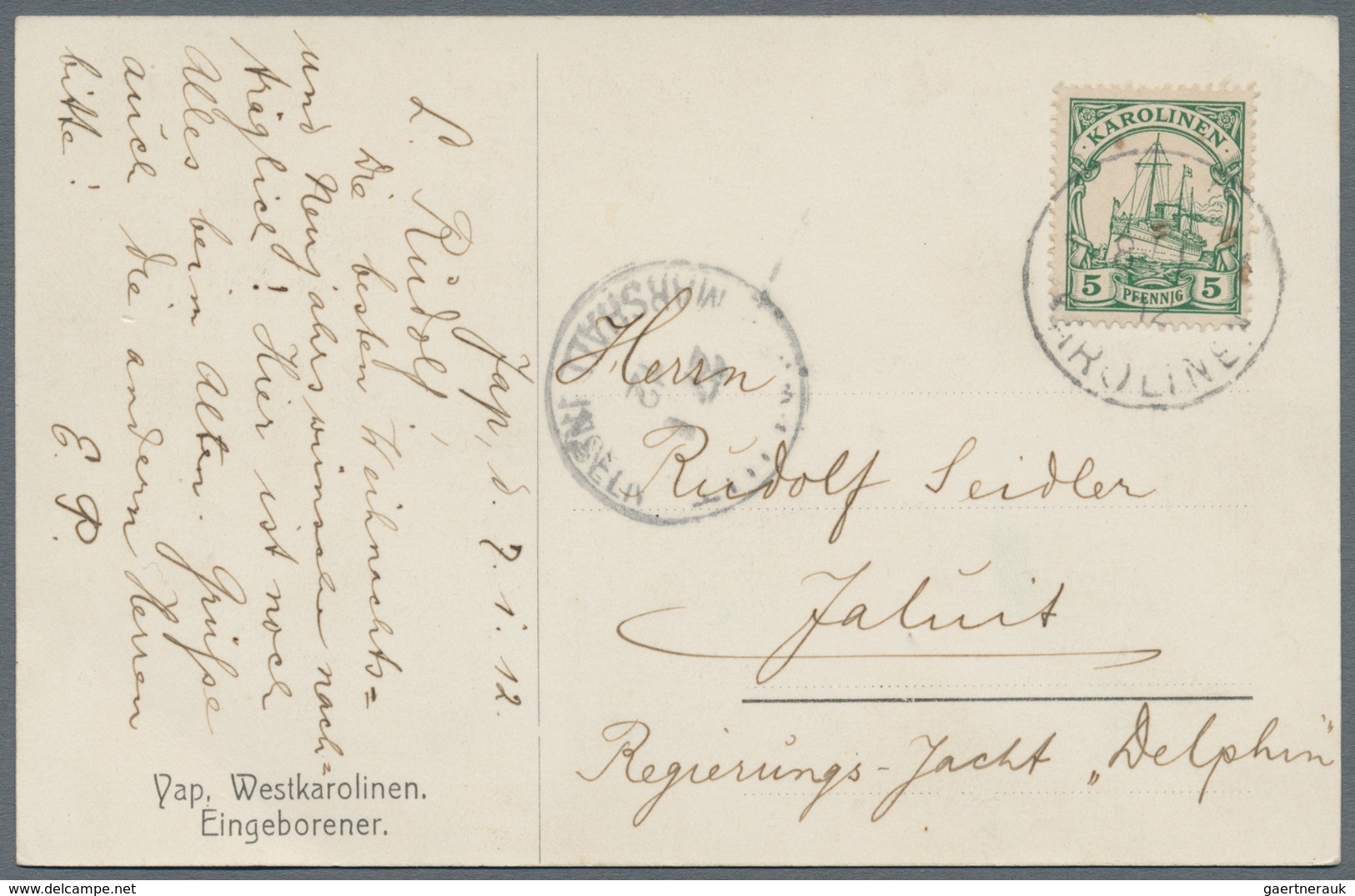 Deutsche Kolonien - Karolinen: 1900, 5 Pfg. Kaiseryacht Mit Stempel "YAP KAROLINEN 8.1.12" Auf Bedar - Caroline Islands