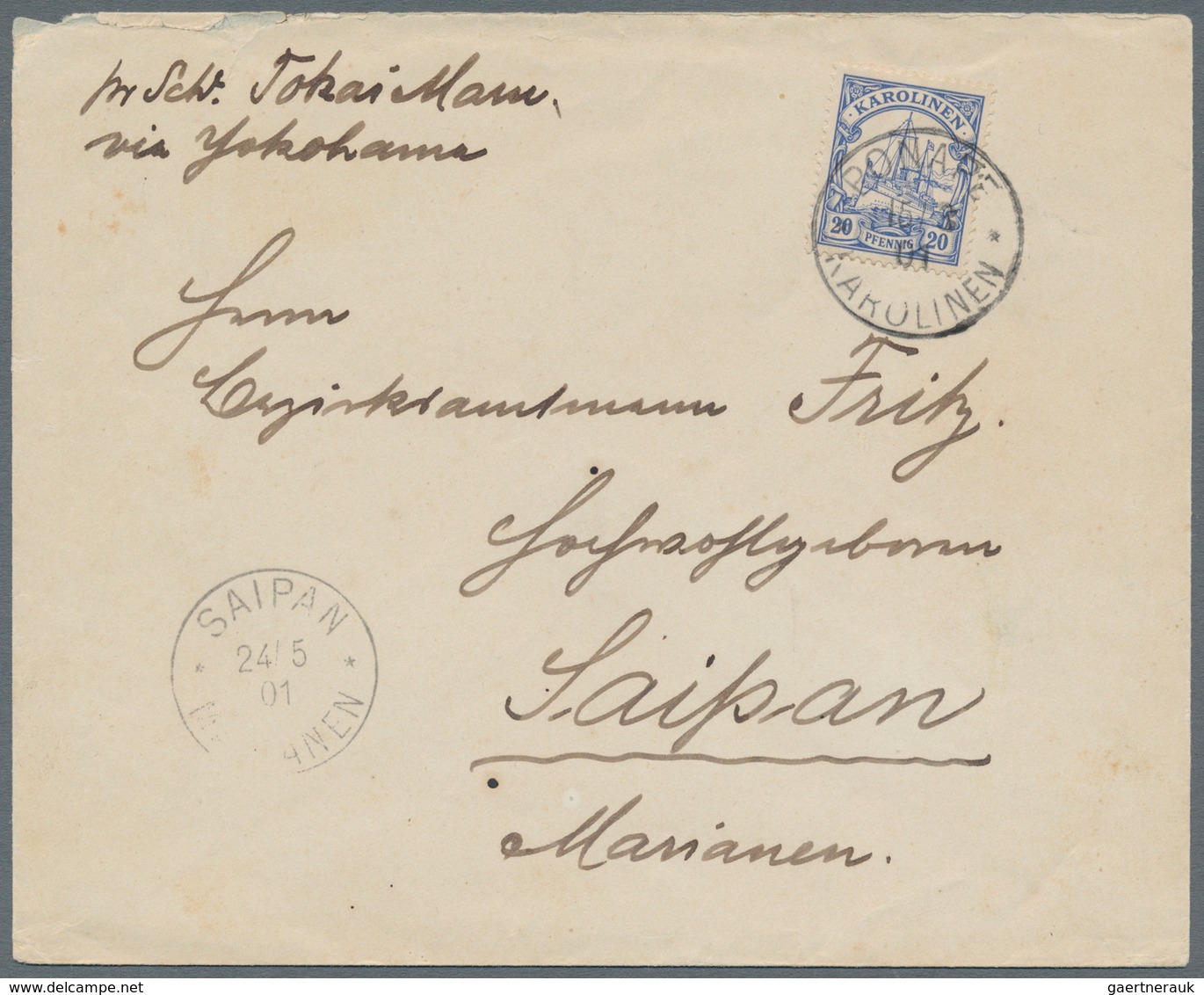 Deutsche Kolonien - Karolinen: 1900, 20 Pfg. Kaiseryacht Mit Stempel "PONAPE KAROLINEN 15.3.01" Auf - Karolinen