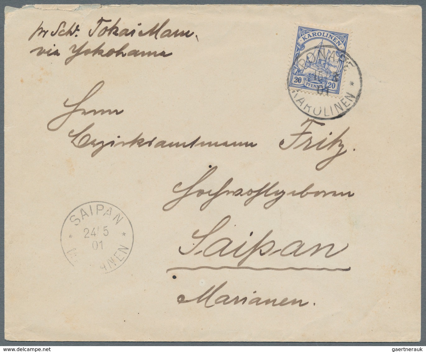 Deutsche Kolonien - Karolinen: 1900, 20 Pfg. Kaiseryacht Mit Stempel "PONAPE KAROLINEN 15.3.01" Auf - Caroline Islands