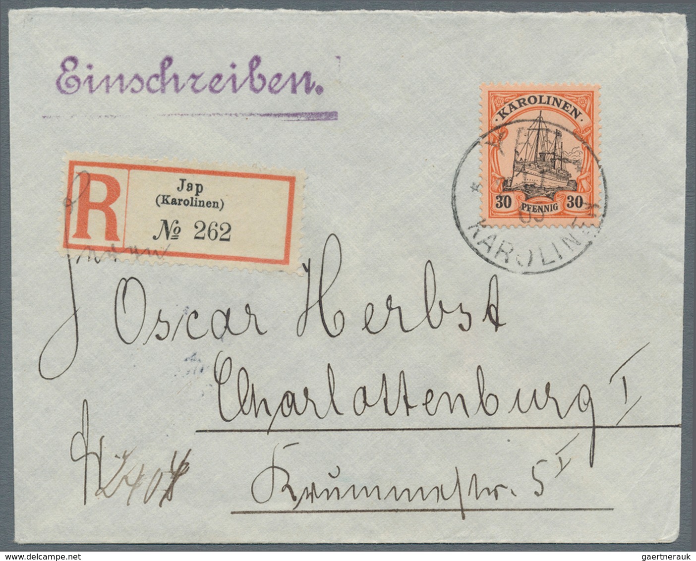Deutsche Kolonien - Karolinen: 1900, 30 Pfg. Kaiseryacht Mit Stempel "YAP 21.5.05" Als Portogerchte - Karolinen