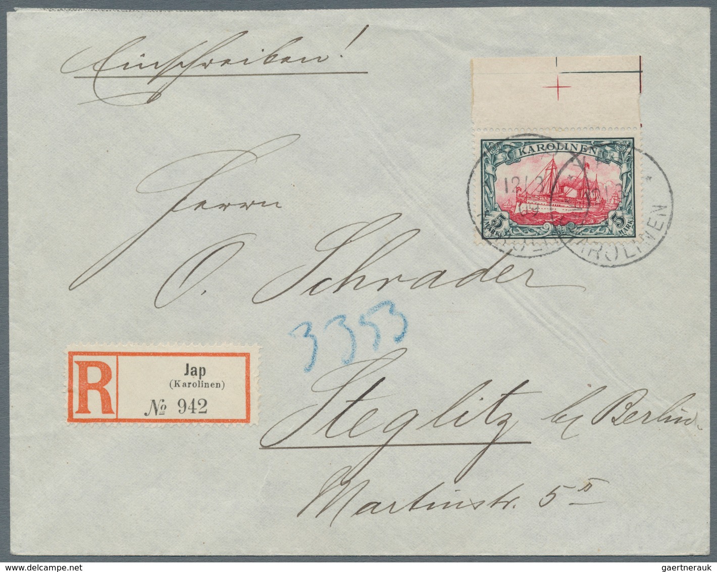 Deutsche Kolonien - Karolinen: 1900, 5 M. Kaiseryacht Mit Oberrand Auf überfrankiertem R-Brief Aus " - Caroline Islands