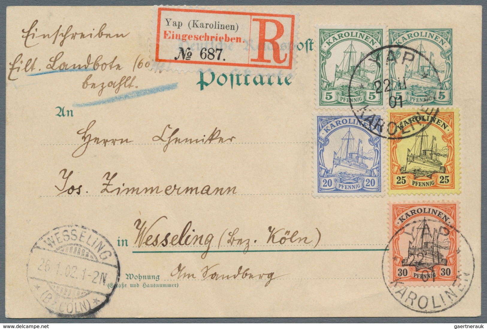 Deutsche Kolonien - Karolinen - Ganzsachen: 1901, 5 Pfg. Ganzsachenkarte Mit Zufrankatur 30 Pfg., 25 - Carolines