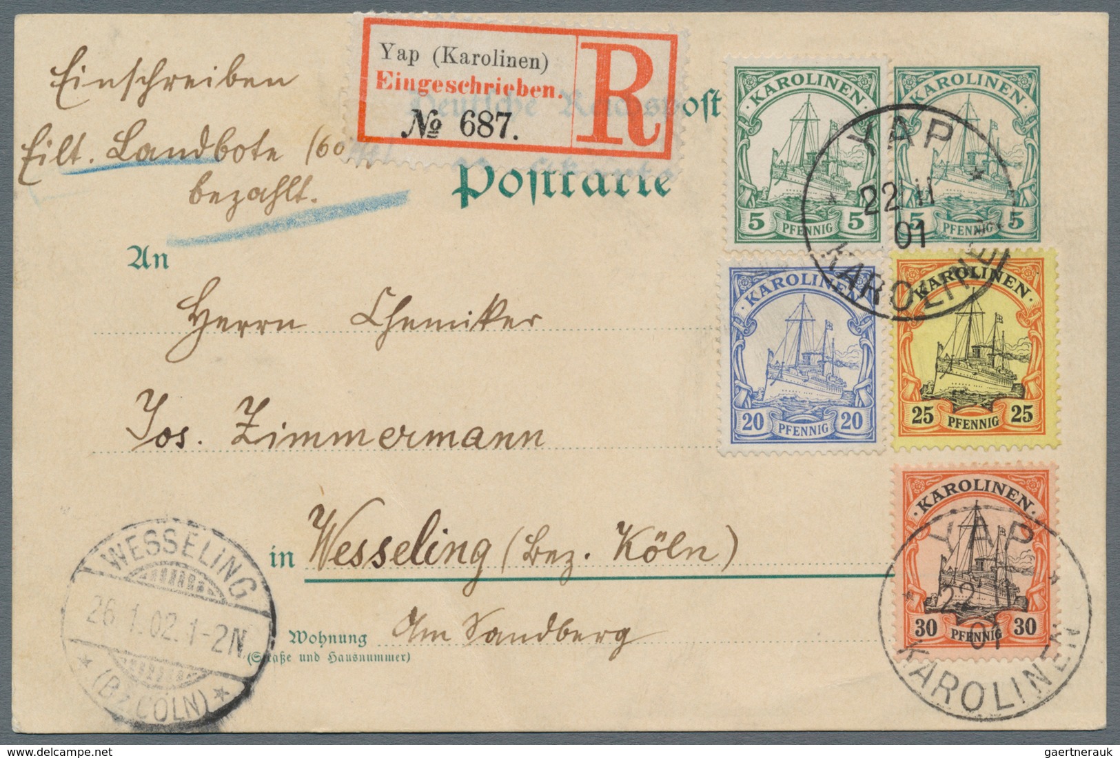 Deutsche Kolonien - Karolinen - Ganzsachen: 1901, 5 Pfg. Ganzsachenkarte Mit Zufrankatur 30 Pfg., 25 - Caroline Islands