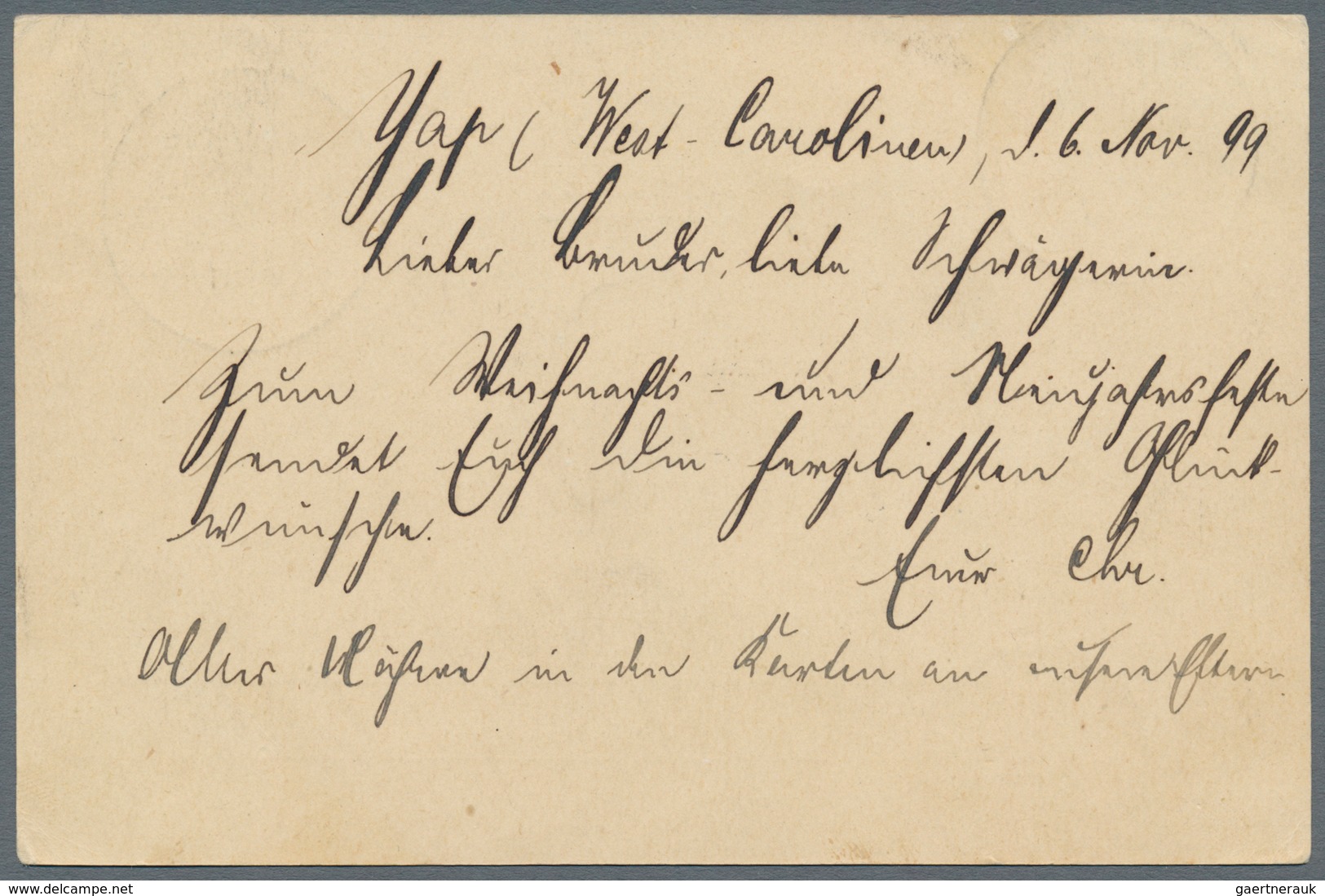 Deutsche Kolonien - Karolinen - Stempel: "Yap (West-Carolinen) 6.11.99", Handschriftliche Datierung - Karolinen