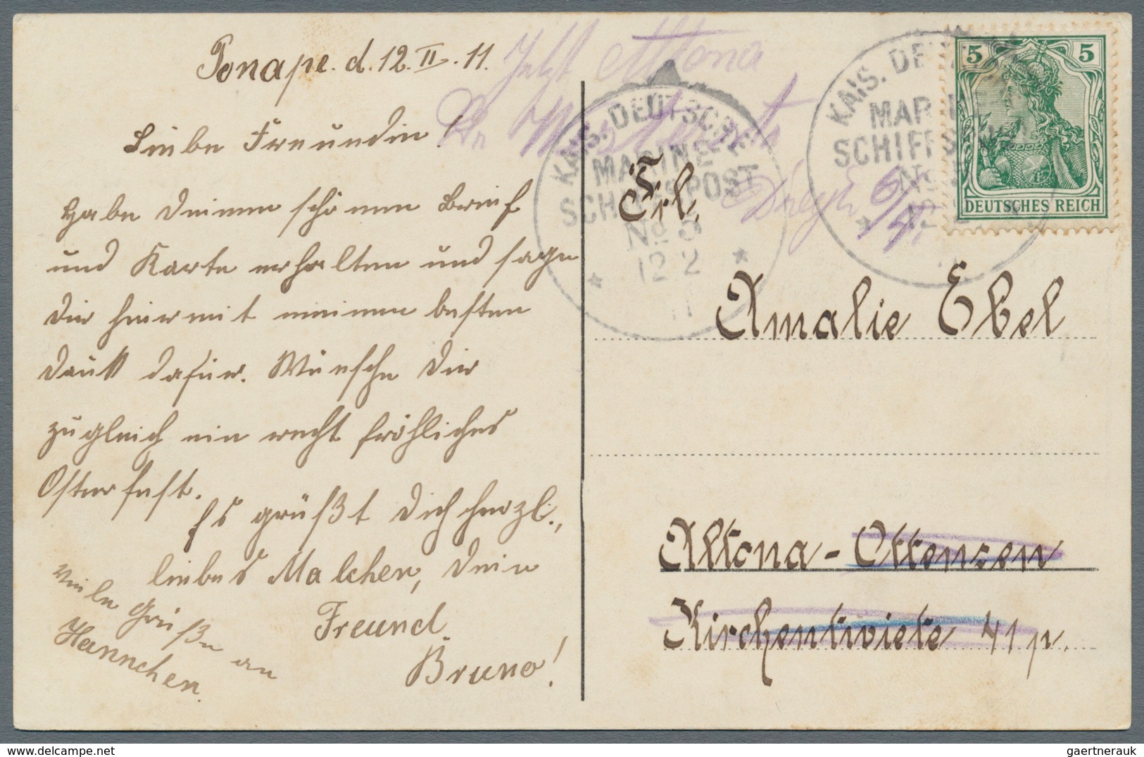 Deutsche Kolonien - Karolinen - Schiffspost: PONAPE-Aufstand: 1911, "MSP No. 5 12.2.11" (SMS Nürnber - Sonstige & Ohne Zuordnung