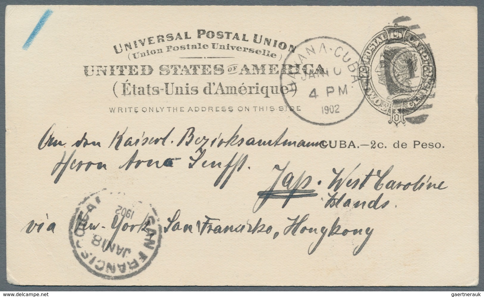 Deutsche Kolonien - Karolinen - Besonderheiten: Incoming Mail: 1902, Cuba 2 C. Ganzsachenkarte Gebra - Caroline Islands