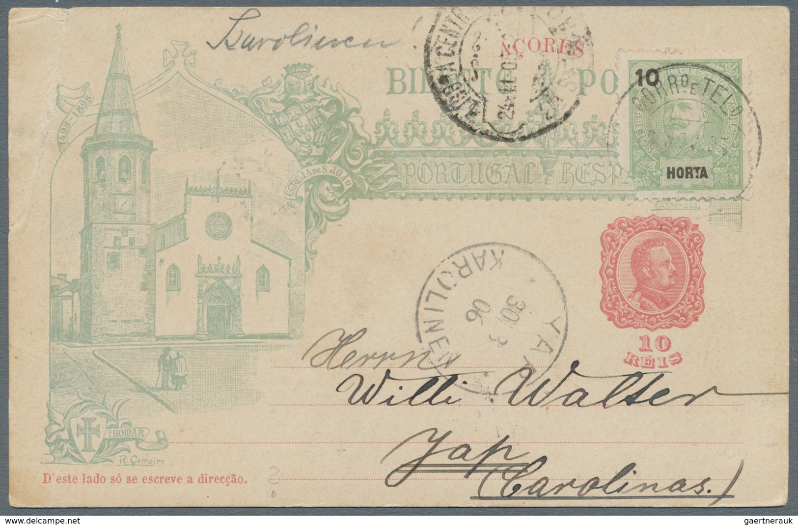 Deutsche Kolonien - Karolinen - Besonderheiten: Incoming Mail: 1905, Horta 10 R. Grün/schwarz (Eckfe - Karolinen