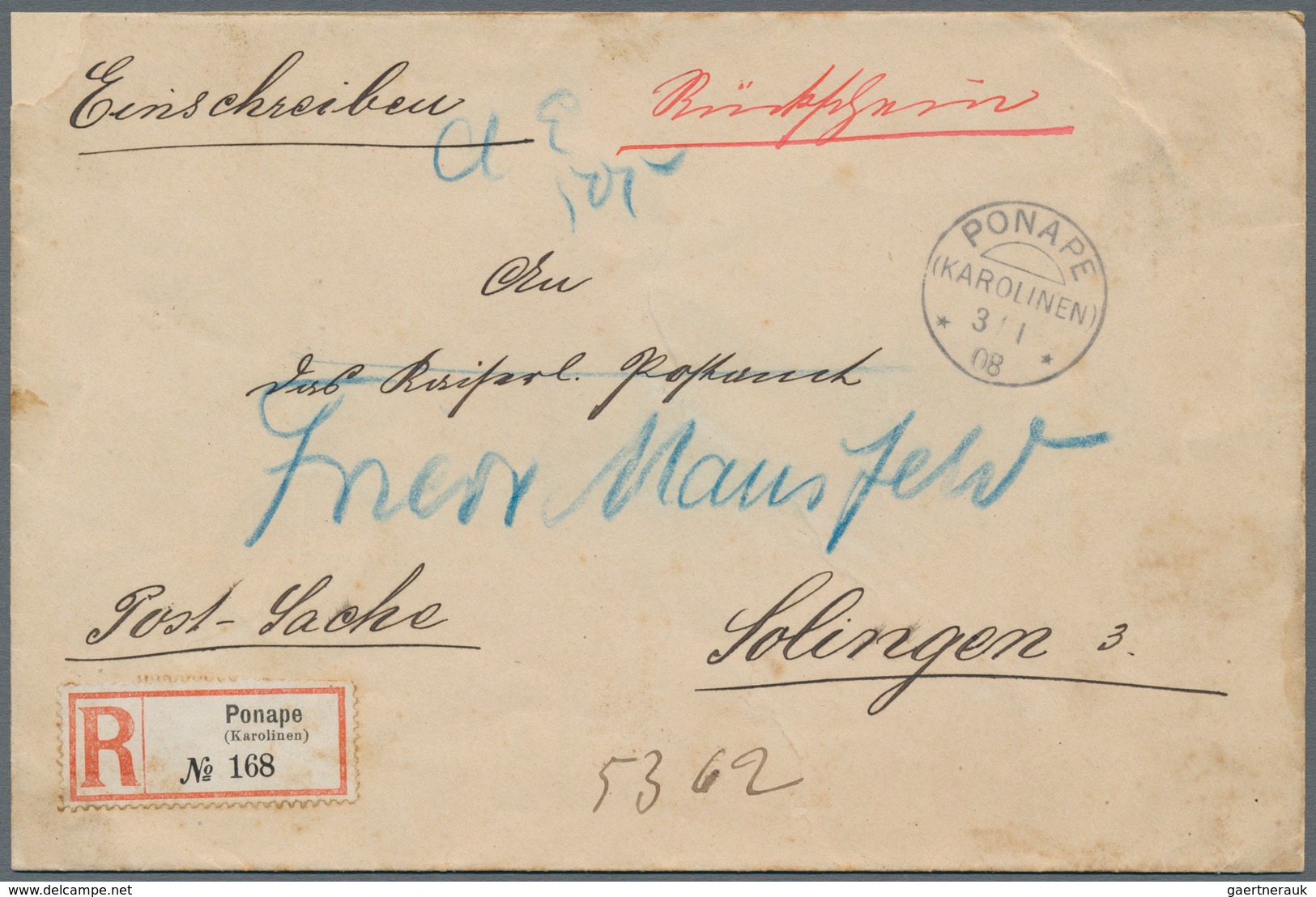 Deutsche Kolonien - Karolinen - Besonderheiten: 1908, R-Postsache Aus "PONAPE KAROLINEN 3.1." Mit Ha - Karolinen