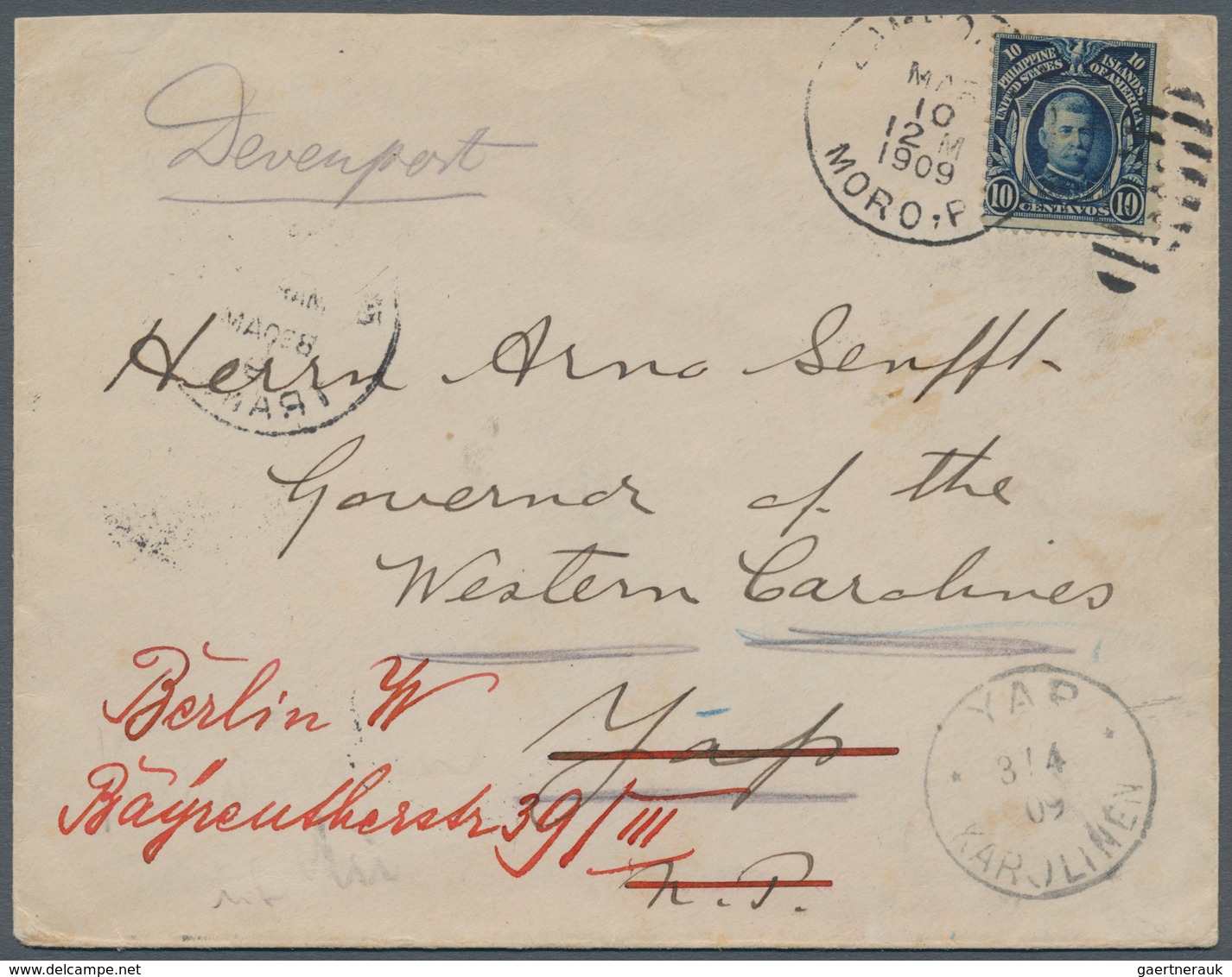 Deutsche Kolonien - Karolinen - Besonderheiten: Incoming Mail: 1909, Philippinen 10 C. Blau Auf Brie - Carolines