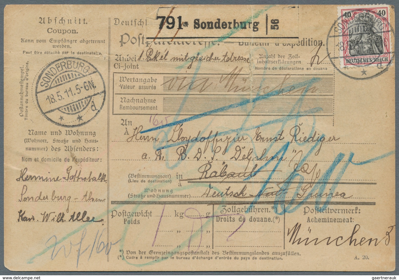Deutsche Kolonien - Karolinen - Besonderheiten: Incoming Mail: 1911, Deutsches Reich 1 M. (2) Und 40 - Caroline Islands