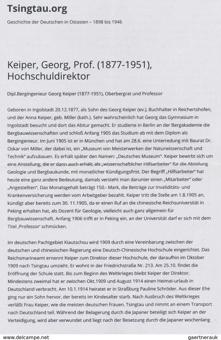 Deutsche Kolonien - Kiautschou - Kriegsgefangenenpost: 1920, JAPAN/KIAUTSCHOU: Von Prof. Keiper (vor