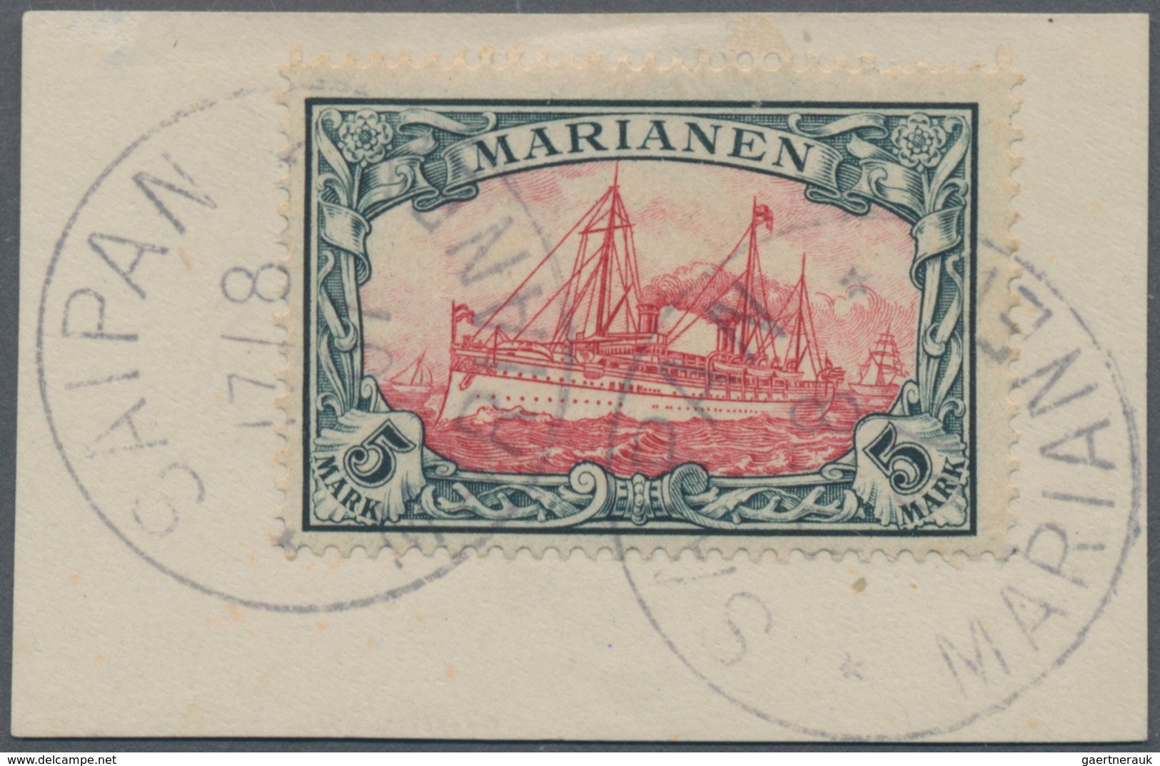 Deutsche Kolonien - Marianen: 1901, 5 M. Kaiseryacht Ohne Wasserzeichen Mit Zwei Klaren Stempeln "SA - Marianen