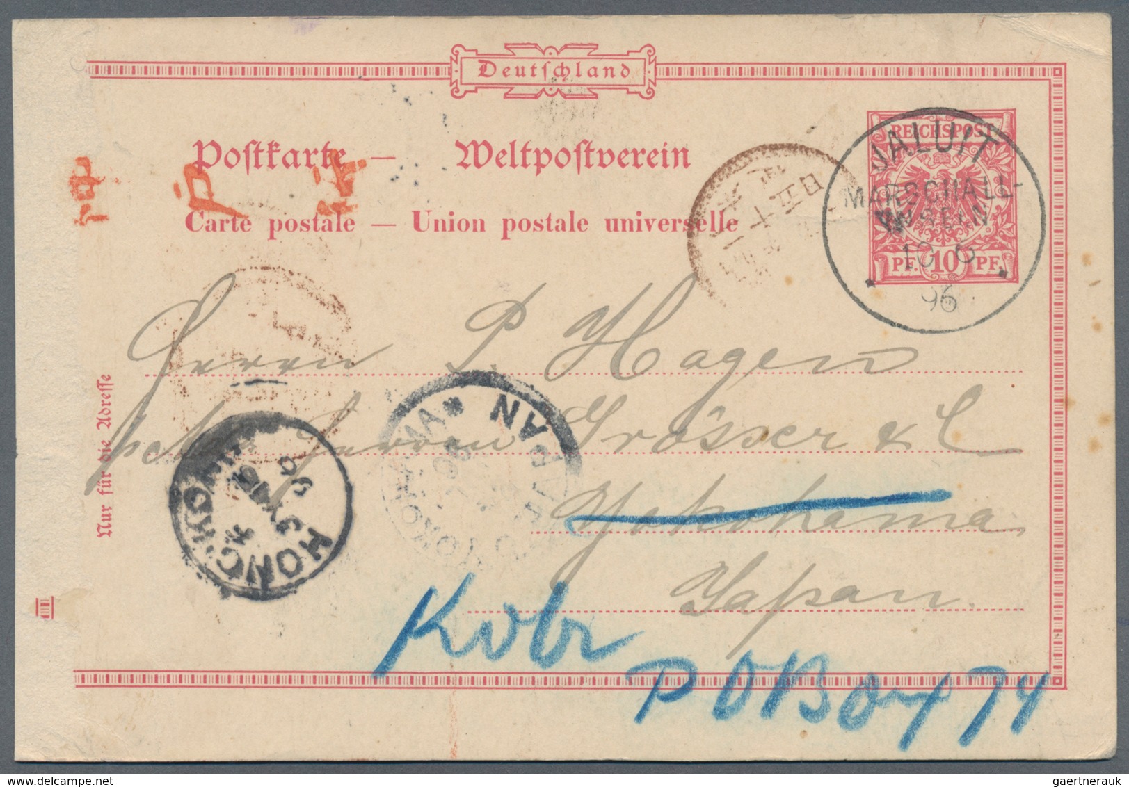 Deutsche Kolonien - Marshall-Inseln - Ganzsachen: 1896, 10 Pfg. Krone/Adler Ganzsachenkarte Ab "JALU - Marshall