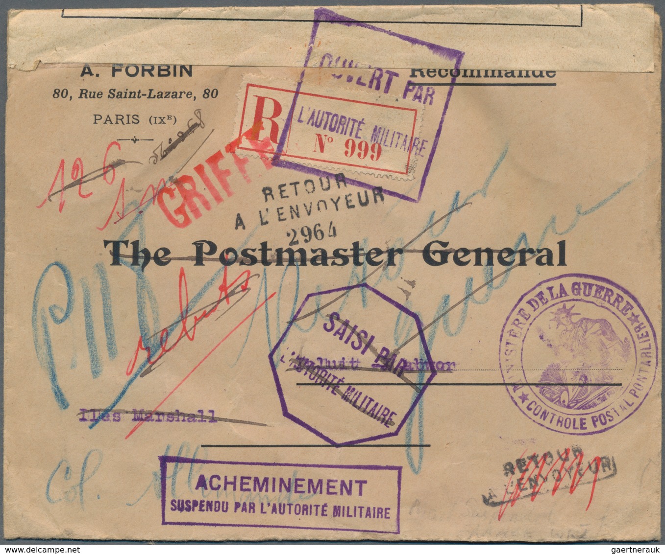 Deutsche Kolonien - Marshall-Inseln - Besonderheiten: 1914, Einschreibebrief Ab "PARIS 12.10.14" Adr - Marshall-Inseln