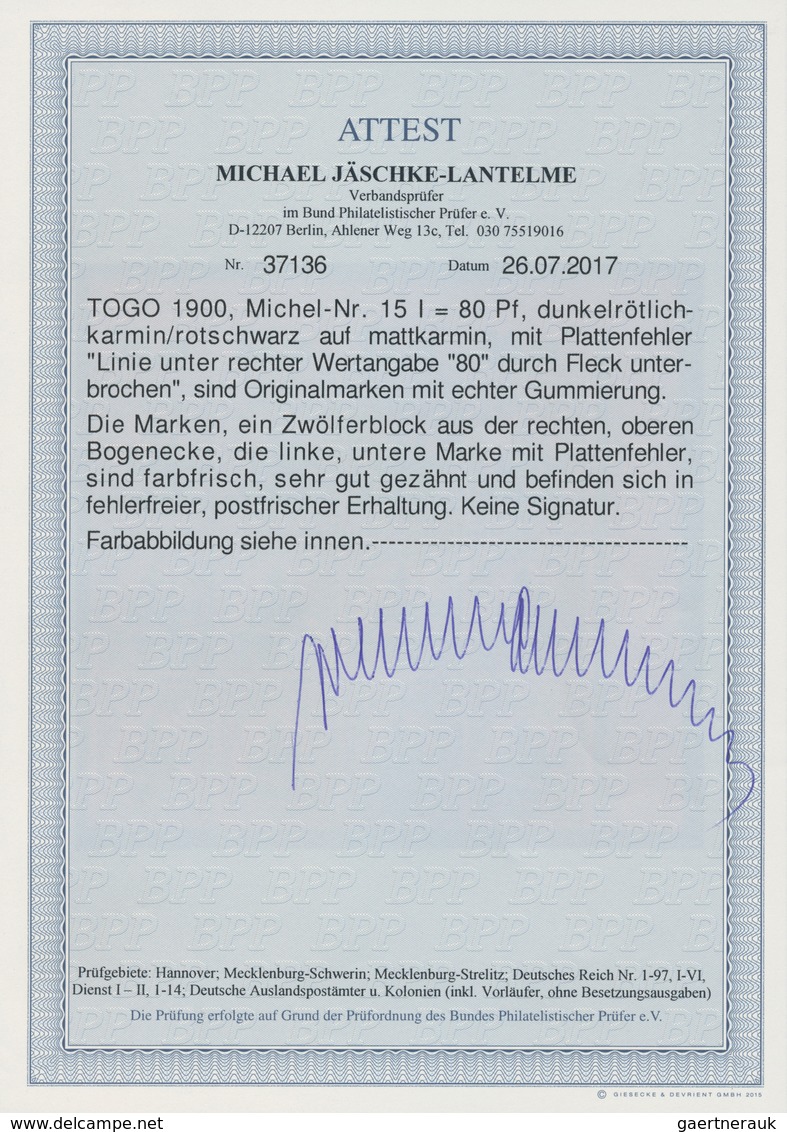 Deutsche Kolonien - Togo: 1900. 80 Pf Schiffstype Mit PF "Linie Unter Rechter Wertangabe "80" Durch - Togo