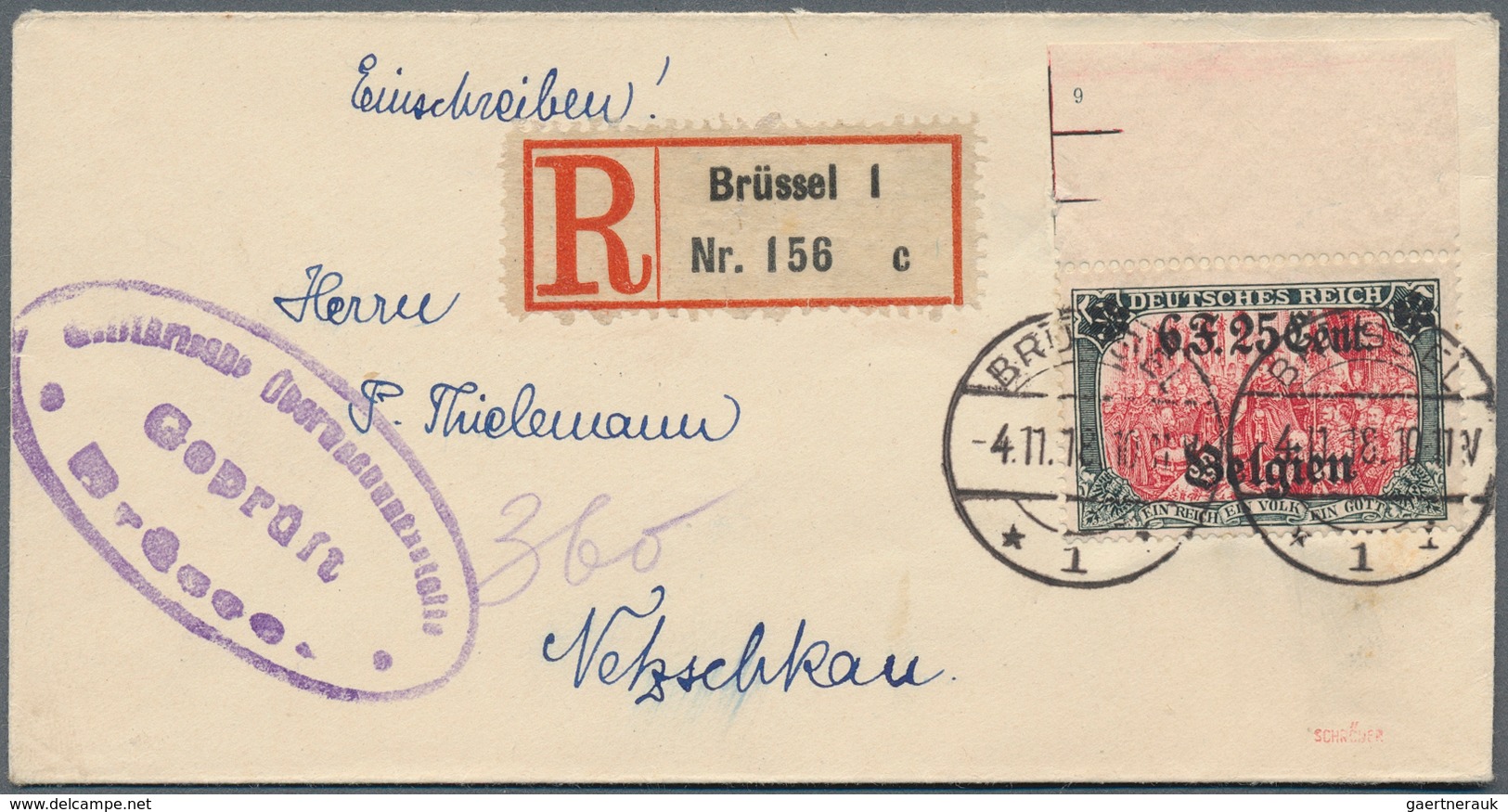 Deutsche Besetzung I. WK: Landespost In Belgien: 1918, 6 F. 25 Cent. Auf 5 Mark Vom Oberrand Mit Rah - Besetzungen 1914-18