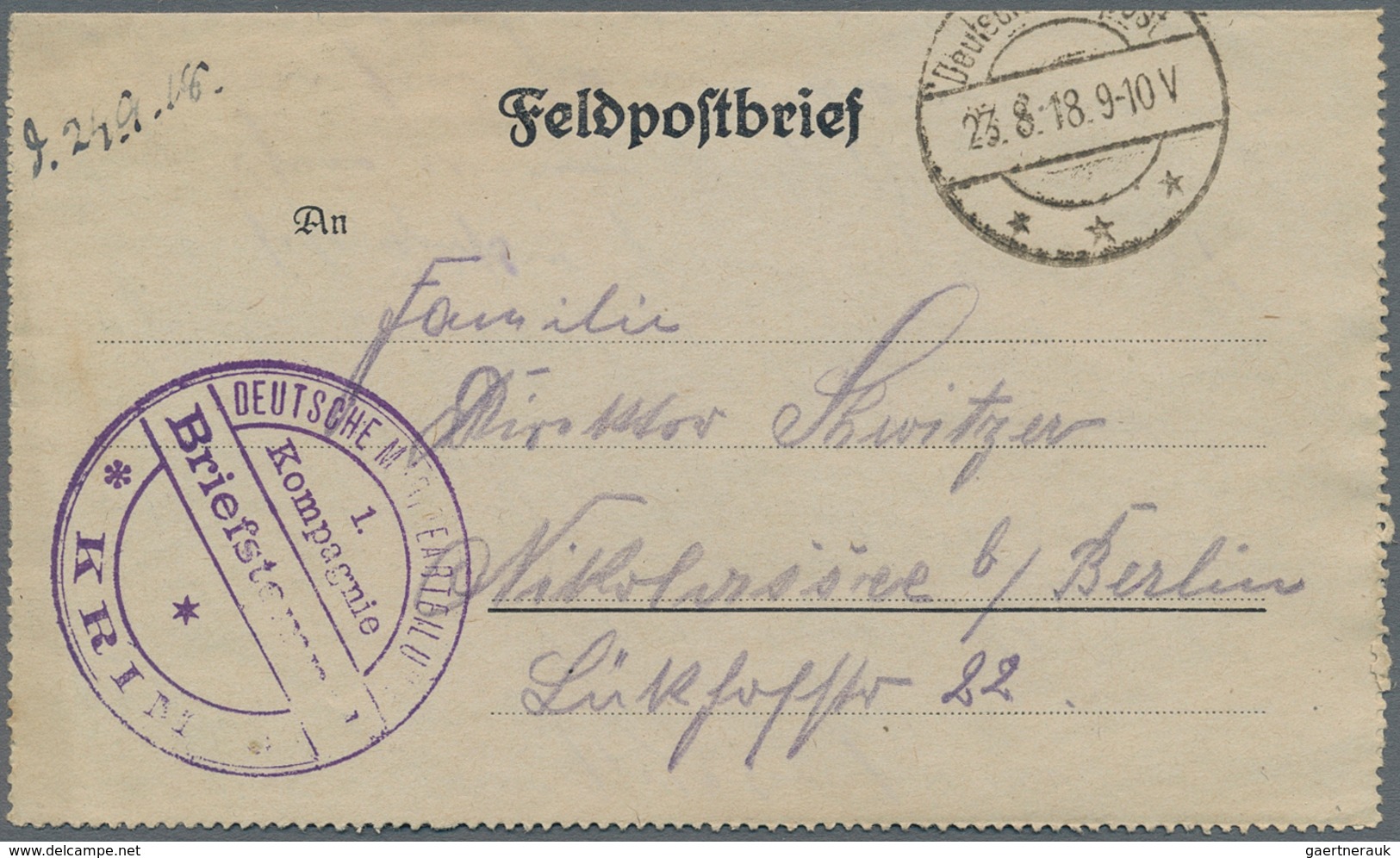 Feldpost 1. Weltkrieg: 1918, DEUTSCHE MARINE ABTEILUNG - KRIM 1. Kompanie, Seltener Briefstempel Fed - Autres & Non Classés