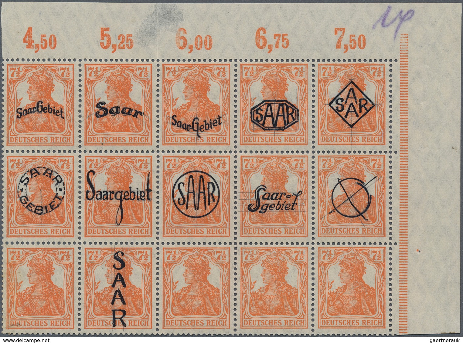 Deutsche Abstimmungsgebiete: Saargebiet: 1920, PROBE FÜR DIE ERSTE AUFDRUCK-AUSGABE, 7½ Pfg. Germani - Unused Stamps