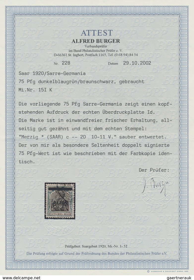 Deutsche Abstimmungsgebiete: Saargebiet: 1920, Germania 75 Pf. Sarre Mit Kopfstehendem Aufdruck, Sau - Neufs
