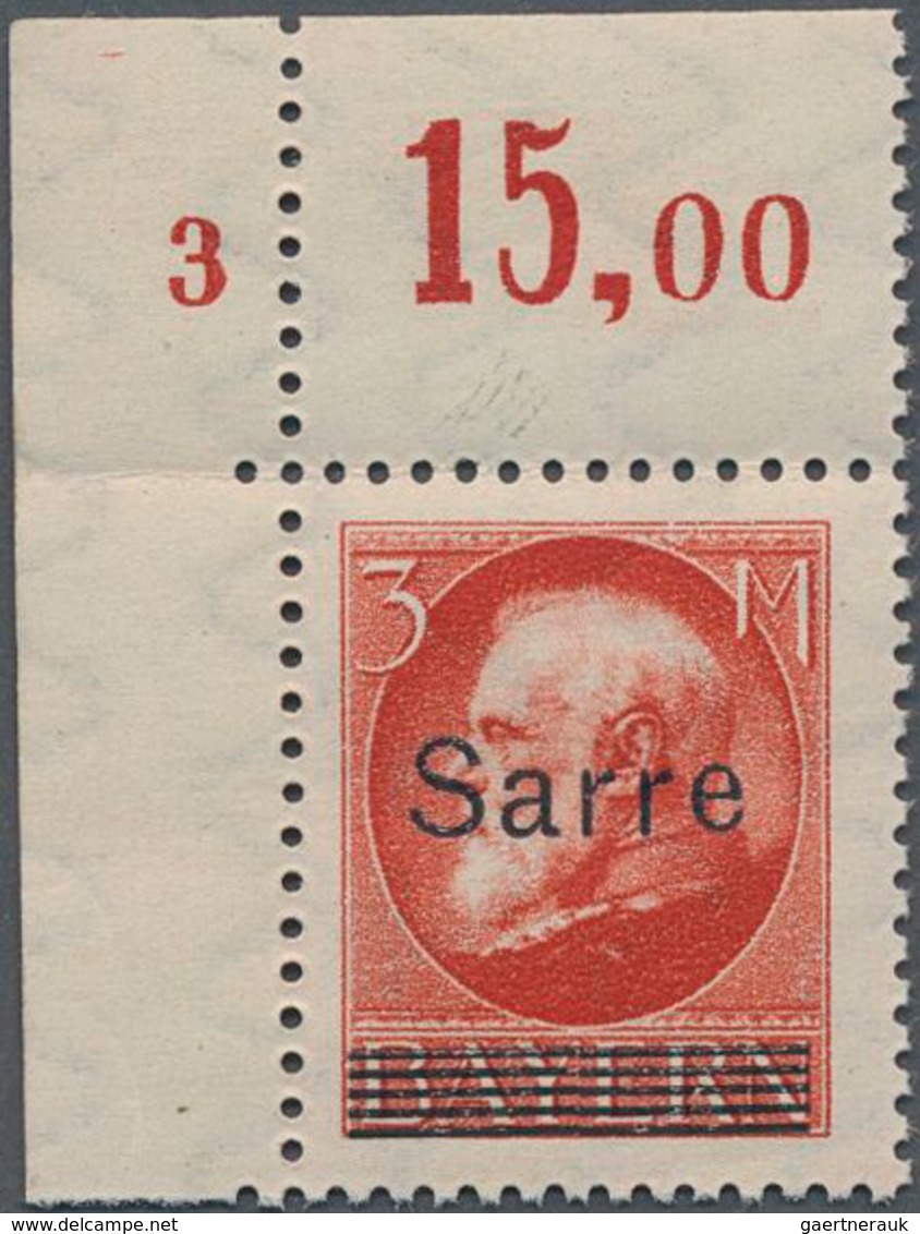 Deutsche Abstimmungsgebiete: Saargebiet: 1920, Linkes Oberes Postfrisches Eckrandstück "3 M." Mit PL - Ungebraucht