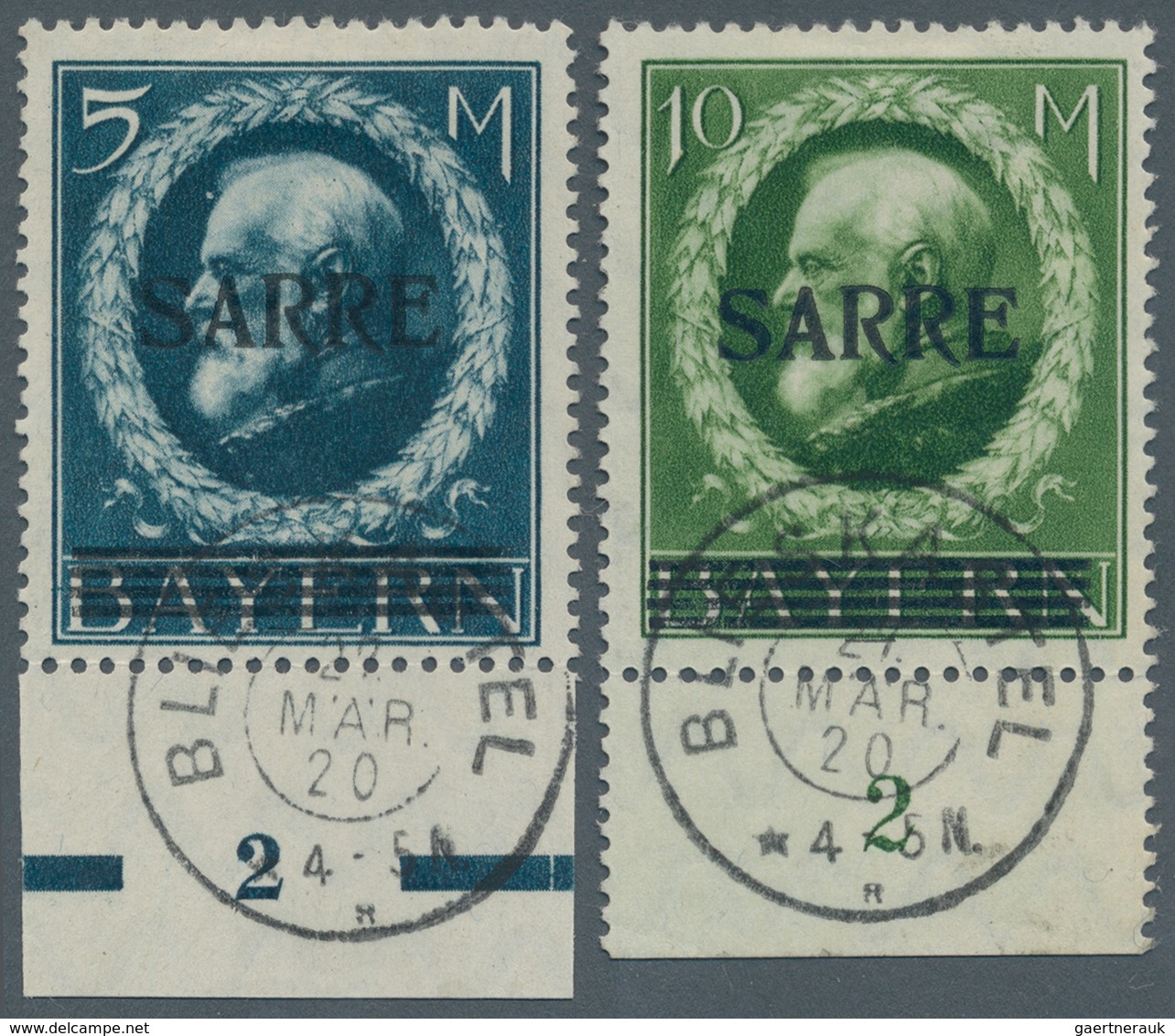 Deutsche Abstimmungsgebiete: Saargebiet: 1920, 5 M. Und 10 M. Zwei Luxus-Unterrandstücke Vom Feld 20 - Unused Stamps