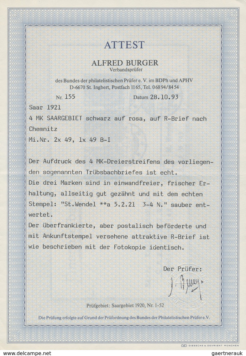 Deutsche Abstimmungsgebiete: Saargebiet: 1921, Einschreibebrief Mit Waagerechtem Luxus-3er-Streifen - Neufs