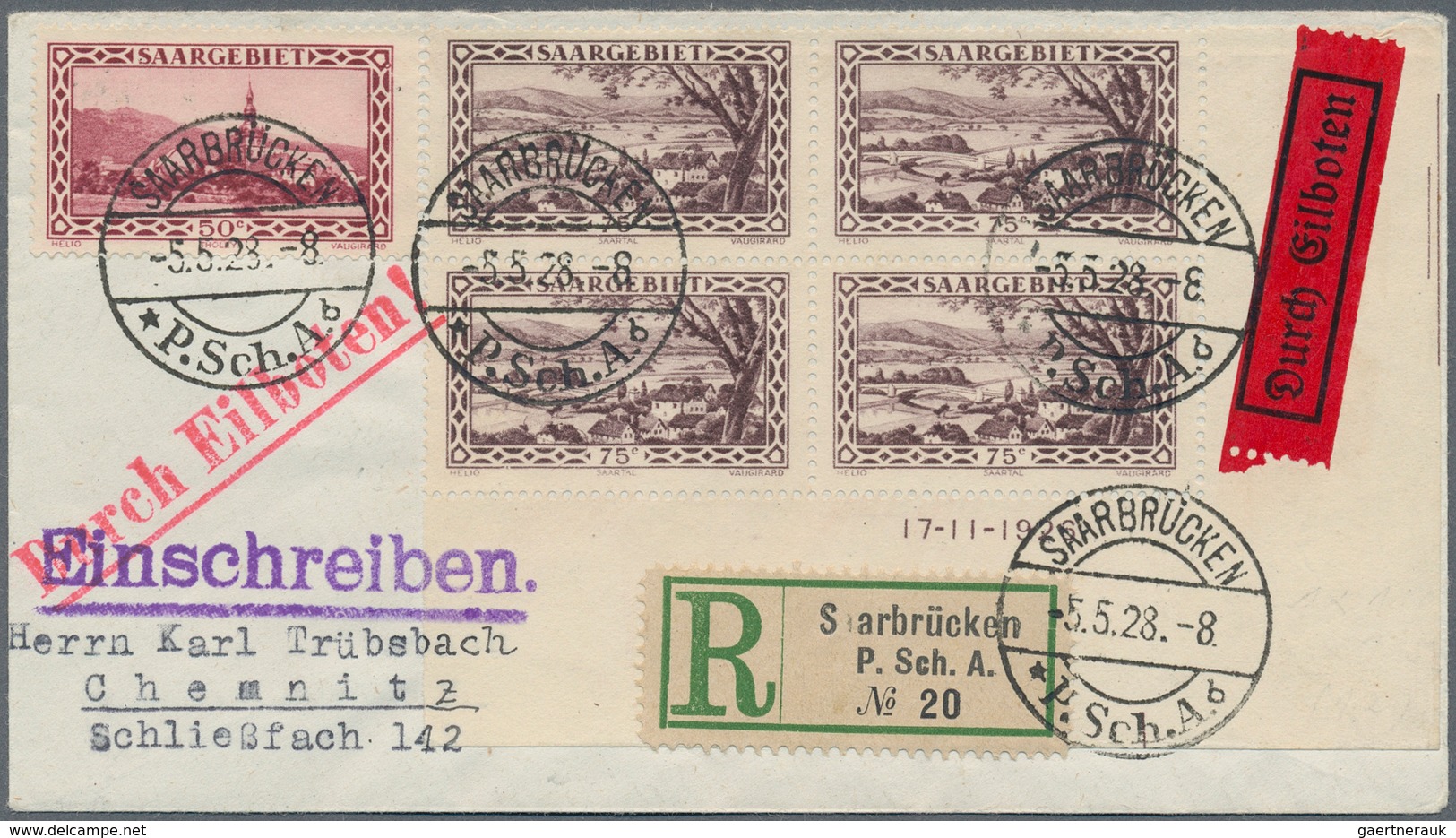 Deutsche Abstimmungsgebiete: Saargebiet: 1928, Portogerechter Luxusbrief Mit 3 Plattenfehlern Und Lu - Unused Stamps