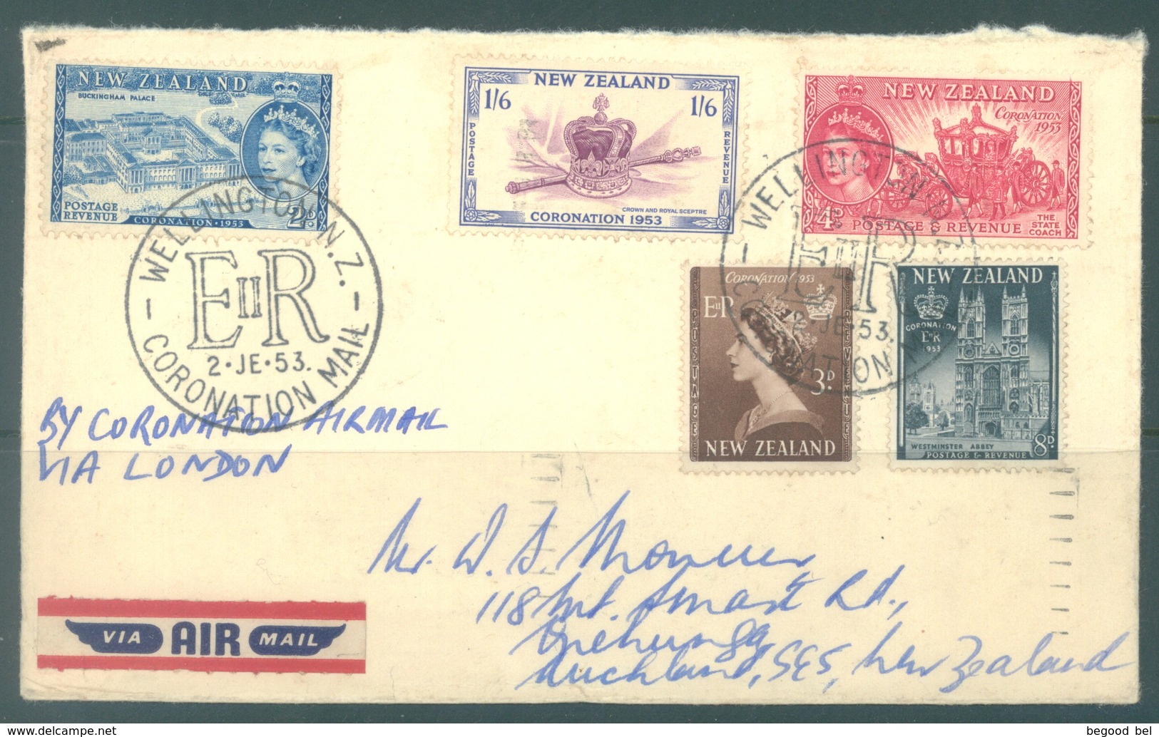 NEW ZEALAND - 2.6.1953 - FIRST CORONATION MAIL VIA LONDON - ELIZABETH II - Yv 318-322 - Lot 18965 - Lettres & Documents