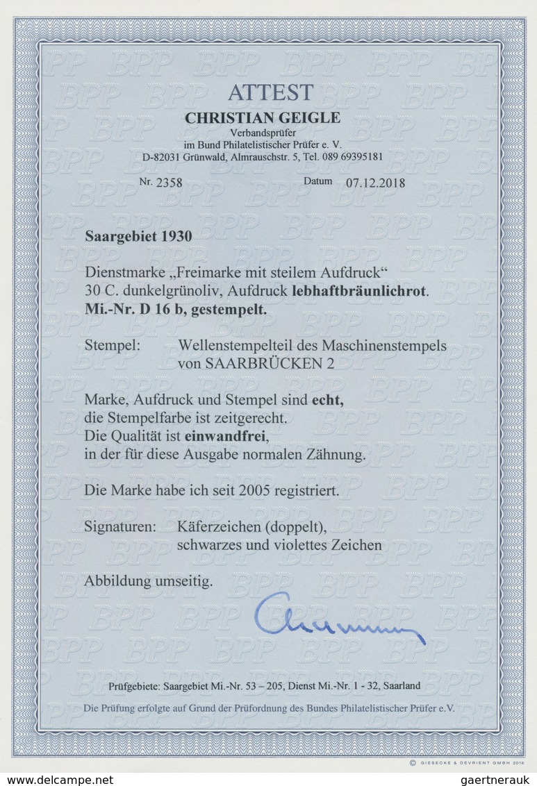 Deutsche Abstimmungsgebiete: Saargebiet - Dienstmarken: 1930, "DIENSTMARKE"-Aufdrucke, 30 C. Dunkelg - Officials