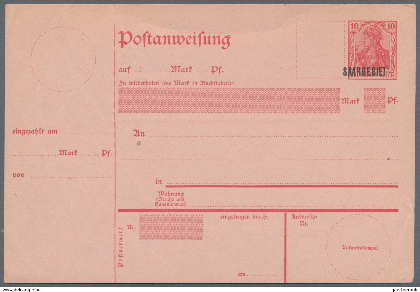 Deutsche Abstimmungsgebiete: Saargebiet - Ganzsachen: 1920, 10 Pfg. Postanweisungs-Ganzsache Mit Auf - Postal Stationery