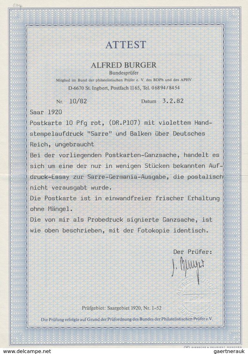 Deutsche Abstimmungsgebiete: Saargebiet - Ganzsachen: 1920, 10 Pfg. Ganzsachenkarte Mit Violettem Ha - Postal Stationery